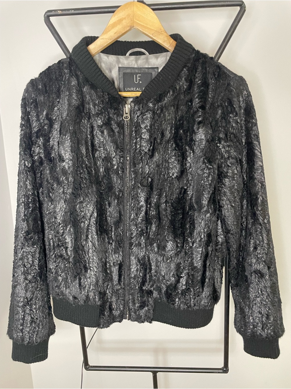 Unreal Fur Black Faux Fur Bomber Jacket